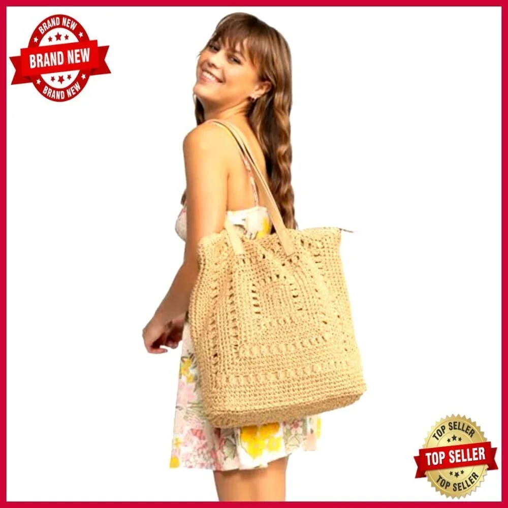 Straw Tote Bag Lightweight Beach Travel Handbag with Zipper Closure